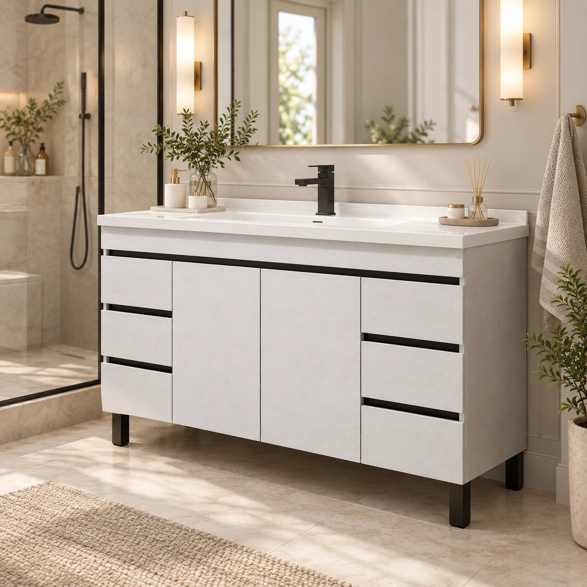 Freestanding bathroom vanity, modern bathroom with glass shower area