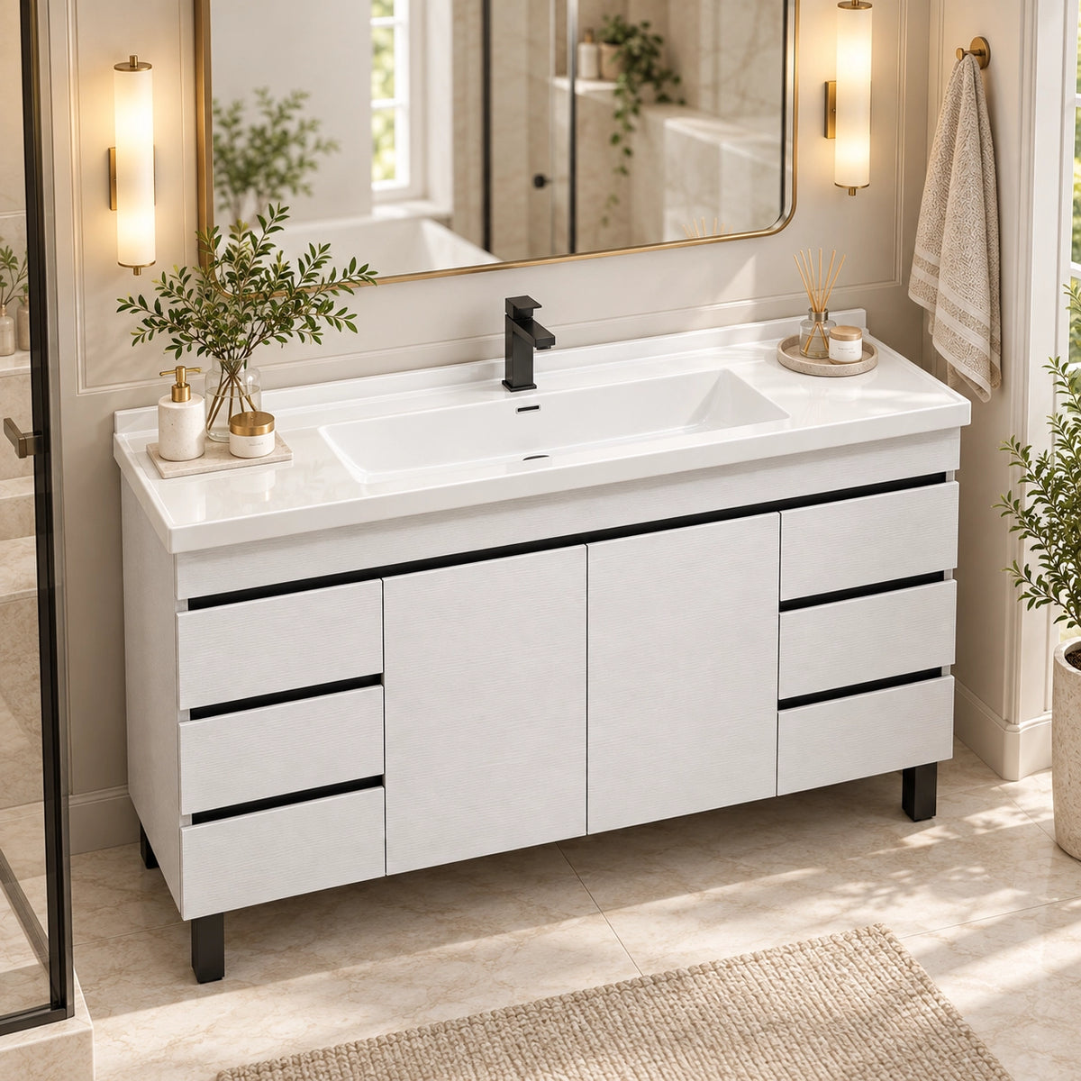 Freestanding bathroom vanity, bright light‑hued real bathroom scene