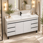 Freestanding bathroom vanity, bright light‑hued real bathroom scene
