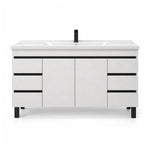 Modern freestanding vanity, white wood‑grain cabinet, multi‑drawer double‑door storage layout