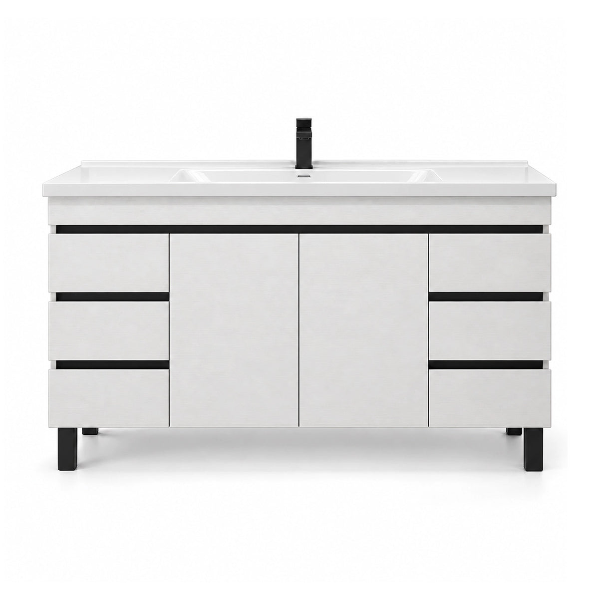 Modern freestanding vanity, white wood‑grain cabinet, multi‑drawer double‑door storage layout