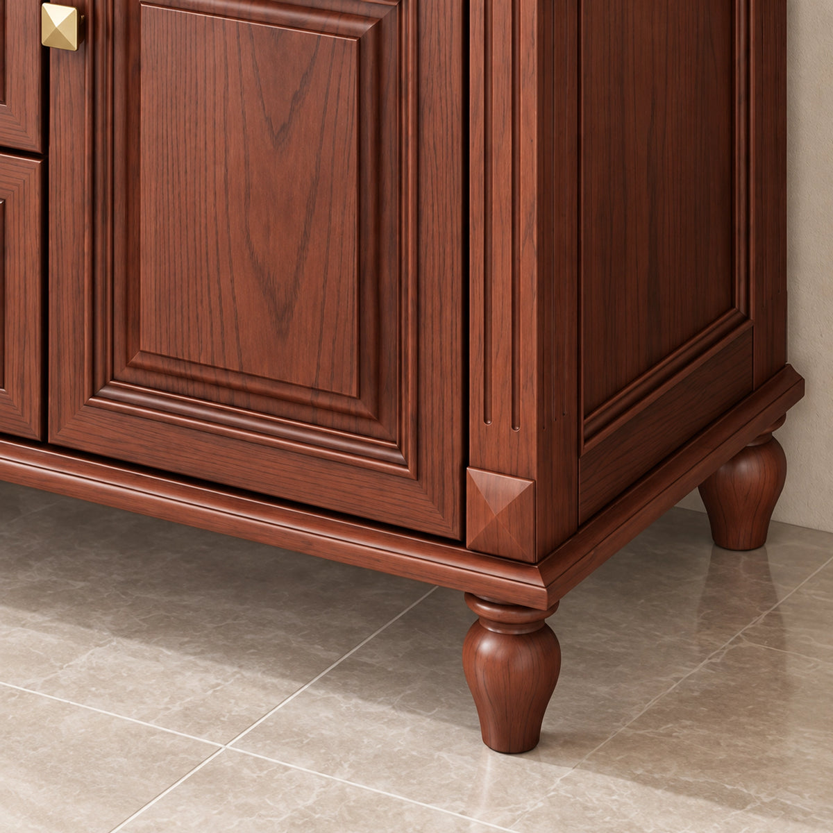 Vanity corner detail, raised‑panel door, carved pilasters and vintage bulb leg