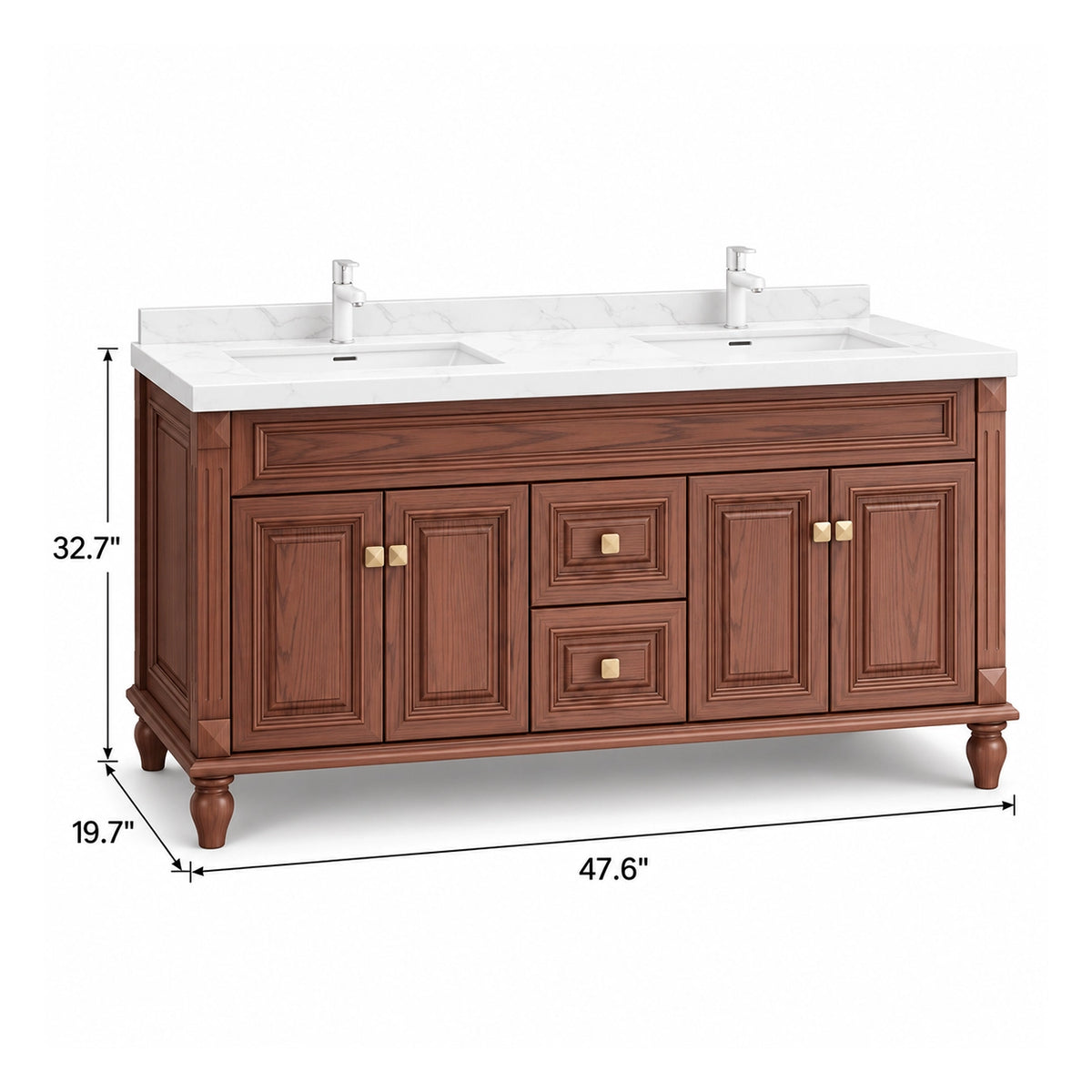 Vintage double‑sink freestanding vanity, size 47.6"×19.7"×32.7"