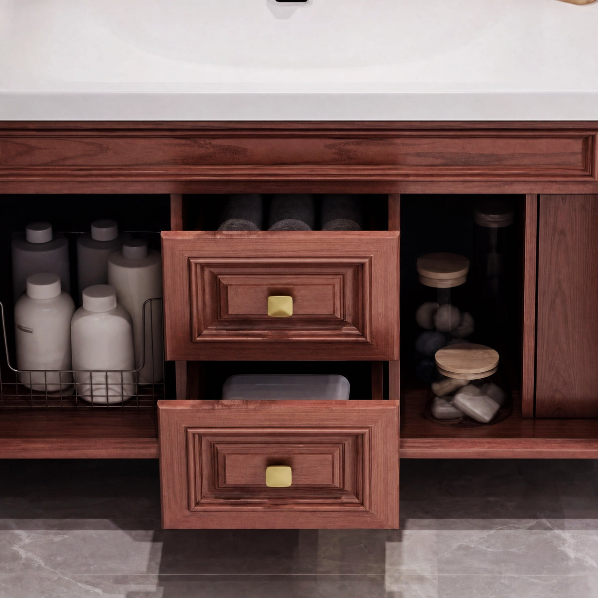 Bathroom vanity storage function, drawers & cabinets for toiletries storage