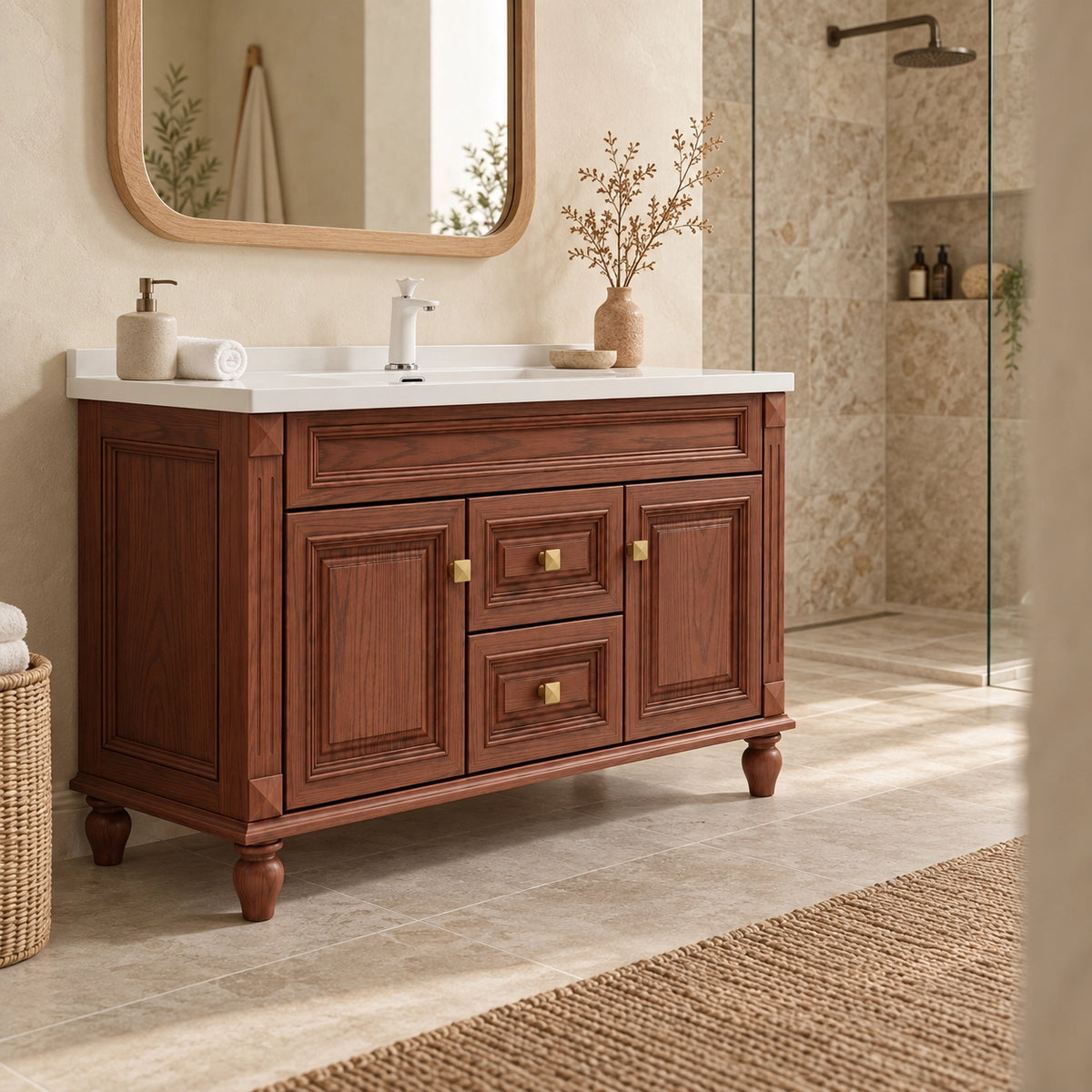 Vintage freestanding bathroom vanity, American bathroom with glass shower enclosure
