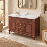 Vintage freestanding bathroom vanity, well‑lit retro‑style real bathroom scene