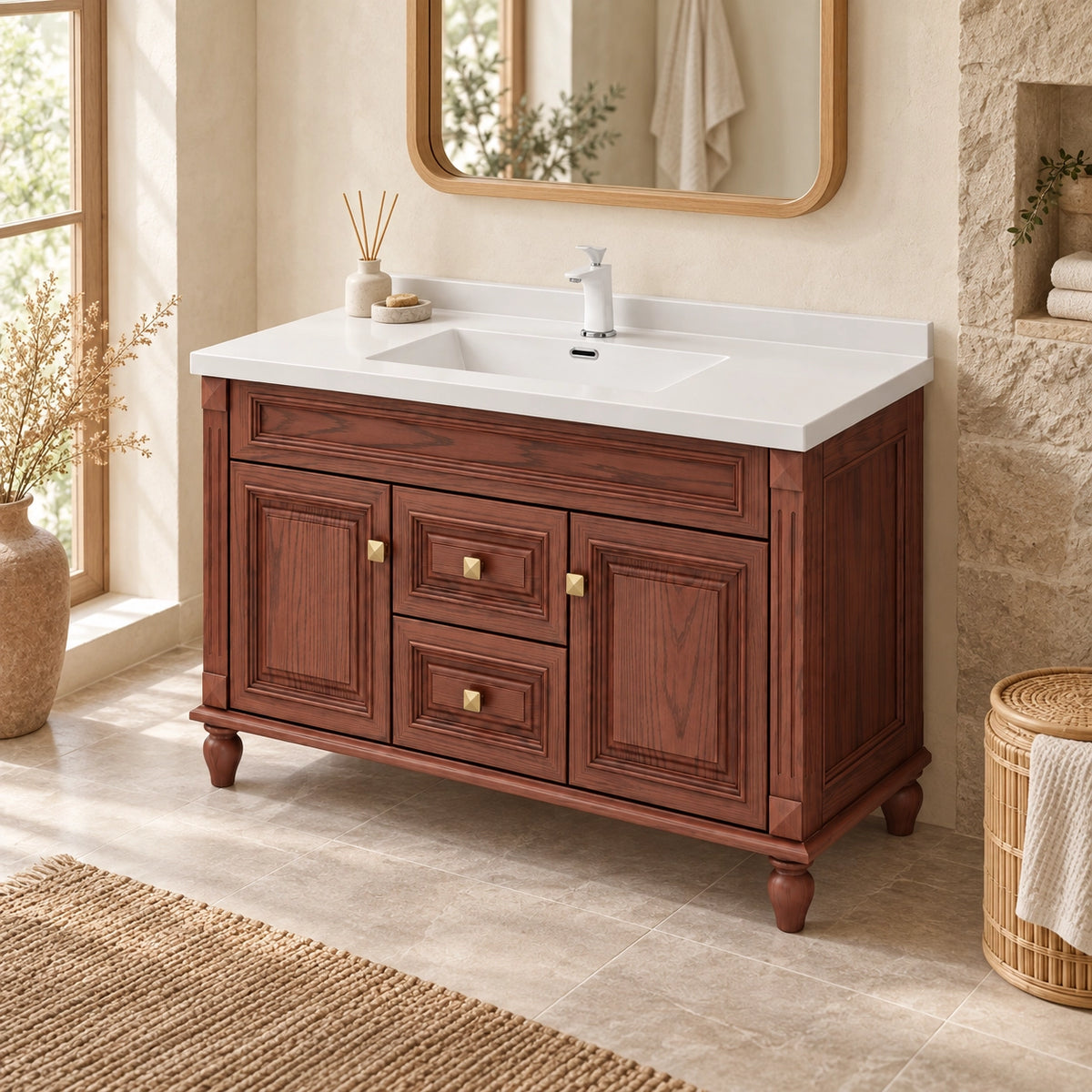 Vintage freestanding bathroom vanity, well‑lit retro‑style real bathroom scene