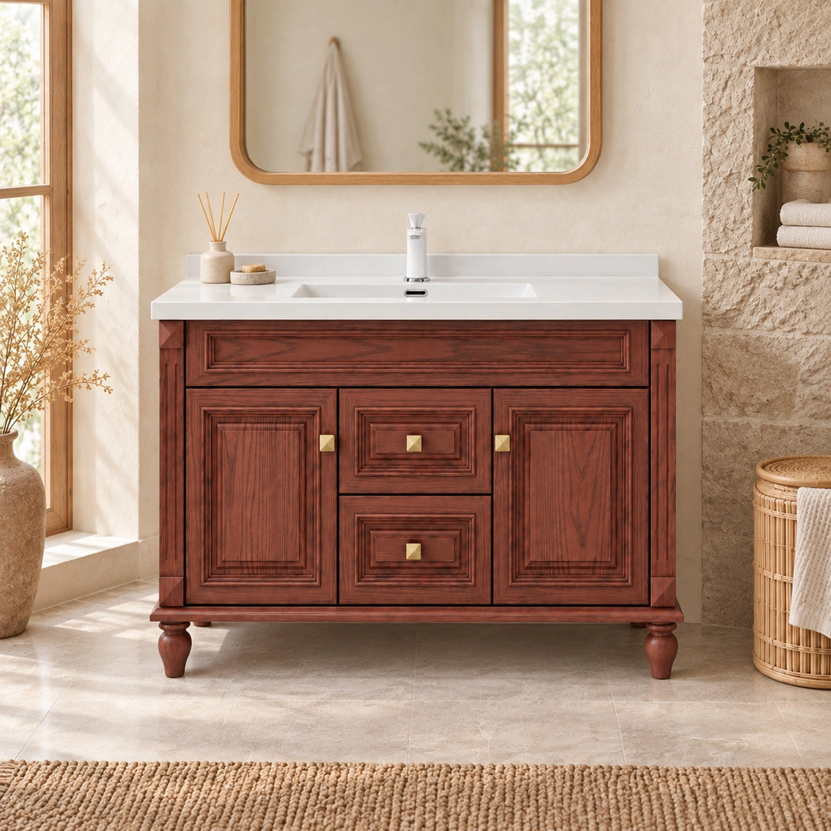 Vintage freestanding bathroom vanity, warm‑toned American‑style bathroom
