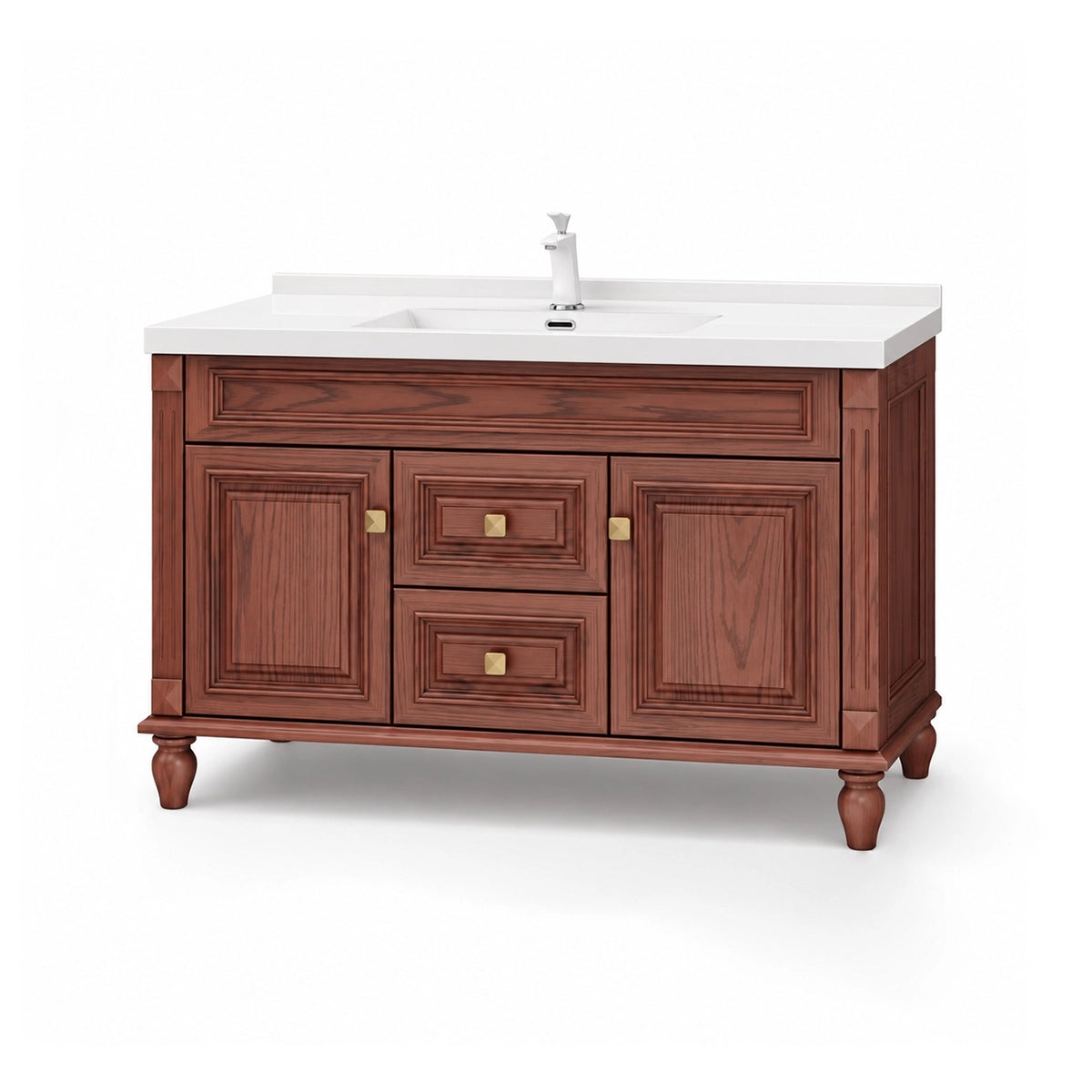 American freestanding bathroom vanity, red oak finish, single sink with square gold knobs