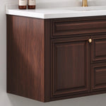 Side view of wall‑hung bathroom cabinet, dark wood grain door with gold round knobs