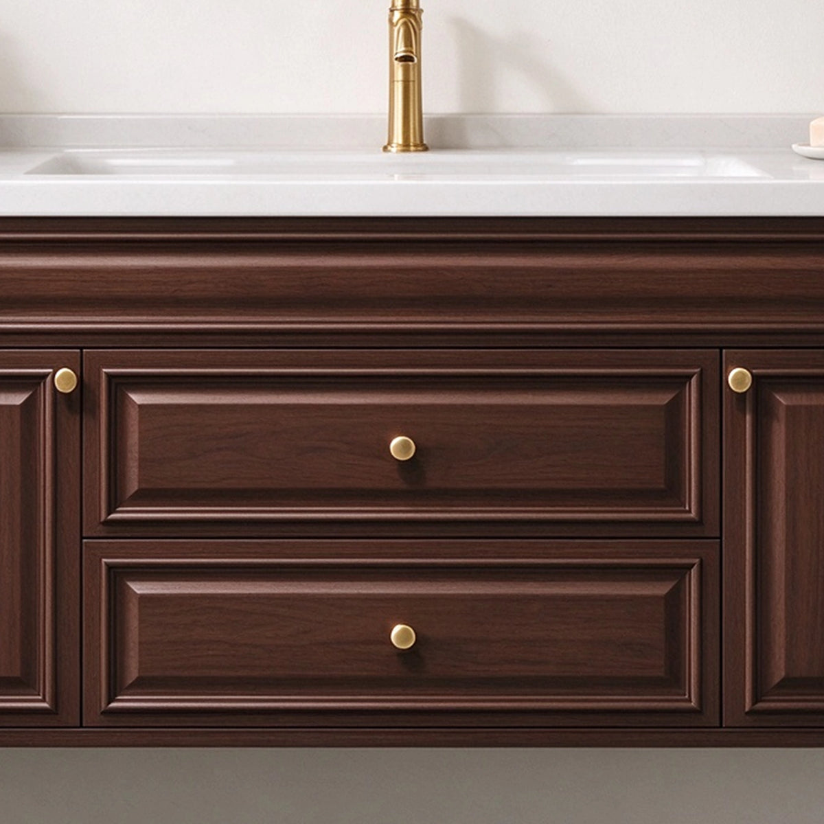 American style bathroom vanity, raised panel doors, double drawers with gold hardware