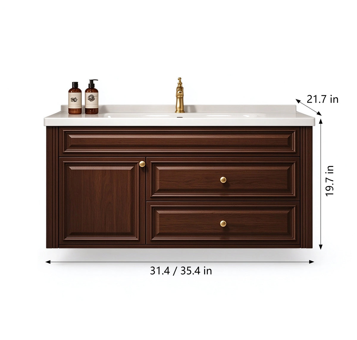 Dark walnut wall‑mounted bathroom vanity, size 31.4/35.4"×21.7"×19.7"