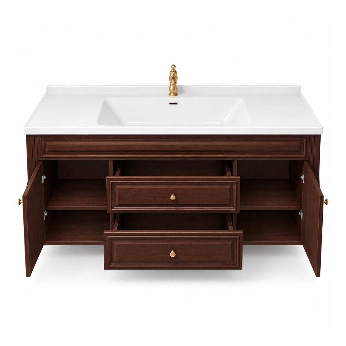 Vintage wall‑mounted bathroom vanity,  open drawers and cabinet doors