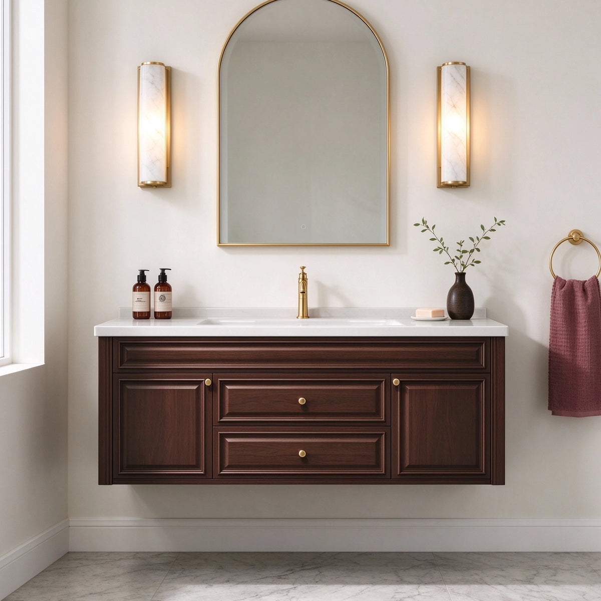 Dark wall‑mounted bathroom vanity, light luxury retro real bathroom