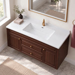 Dark wall‑mounted bathroom vanity, light‑toned American home bathroom
