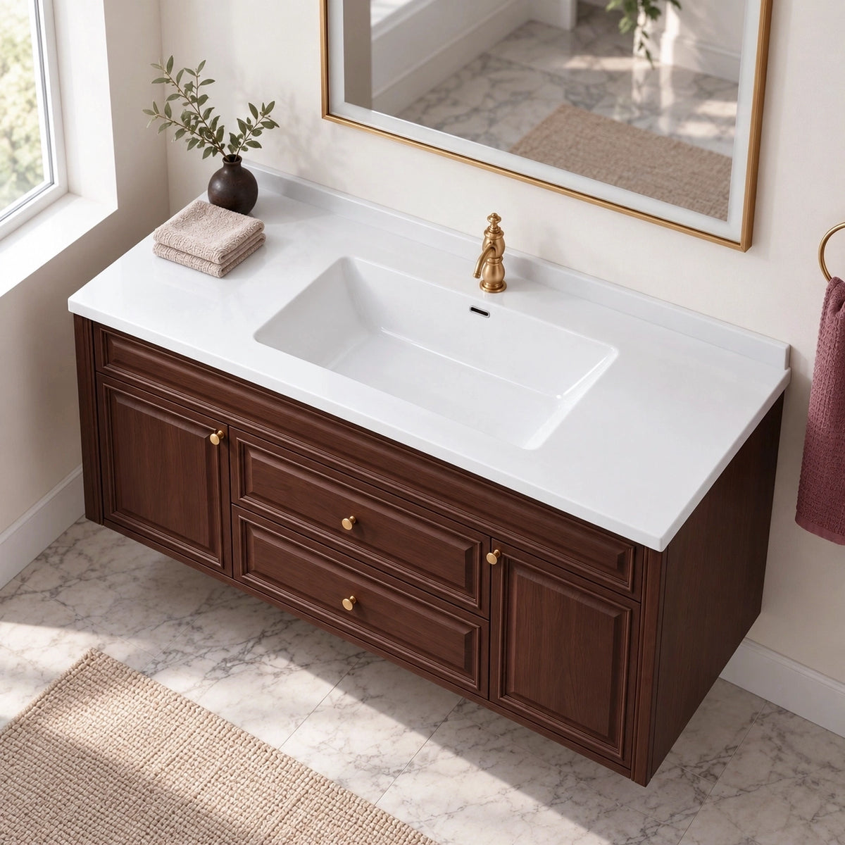 Dark wall‑mounted bathroom vanity, light‑toned American home bathroom