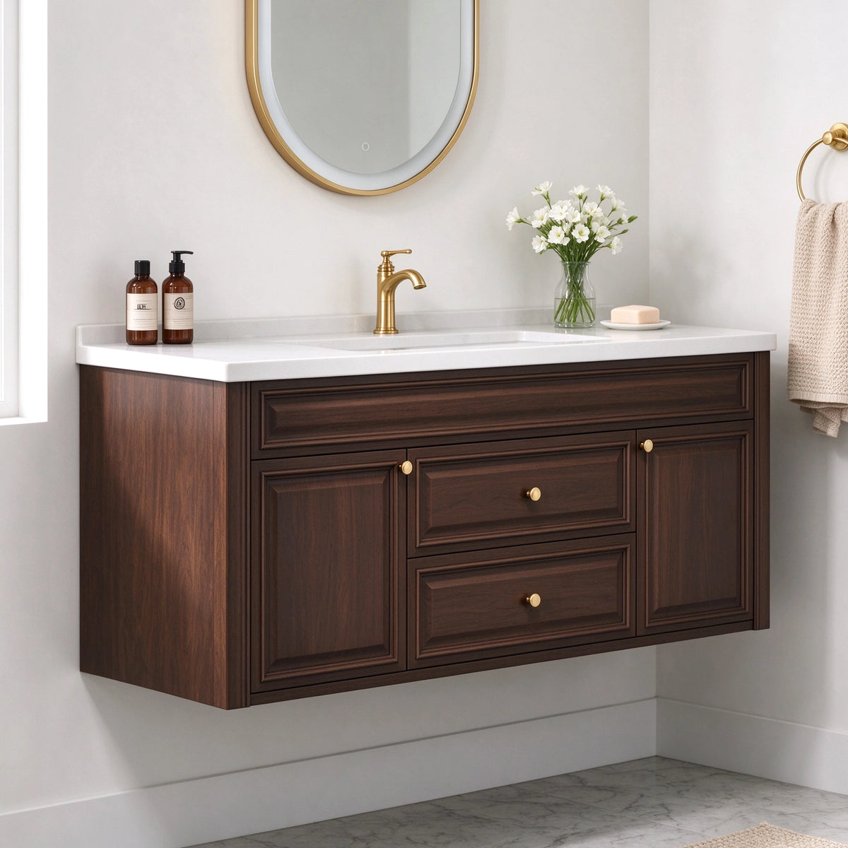 Dark wall‑mounted bathroom vanity, bright simple retro‑style bathroom