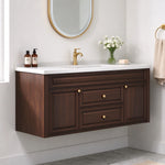 Dark wall‑mounted bathroom vanity, bright simple retro‑style bathroom