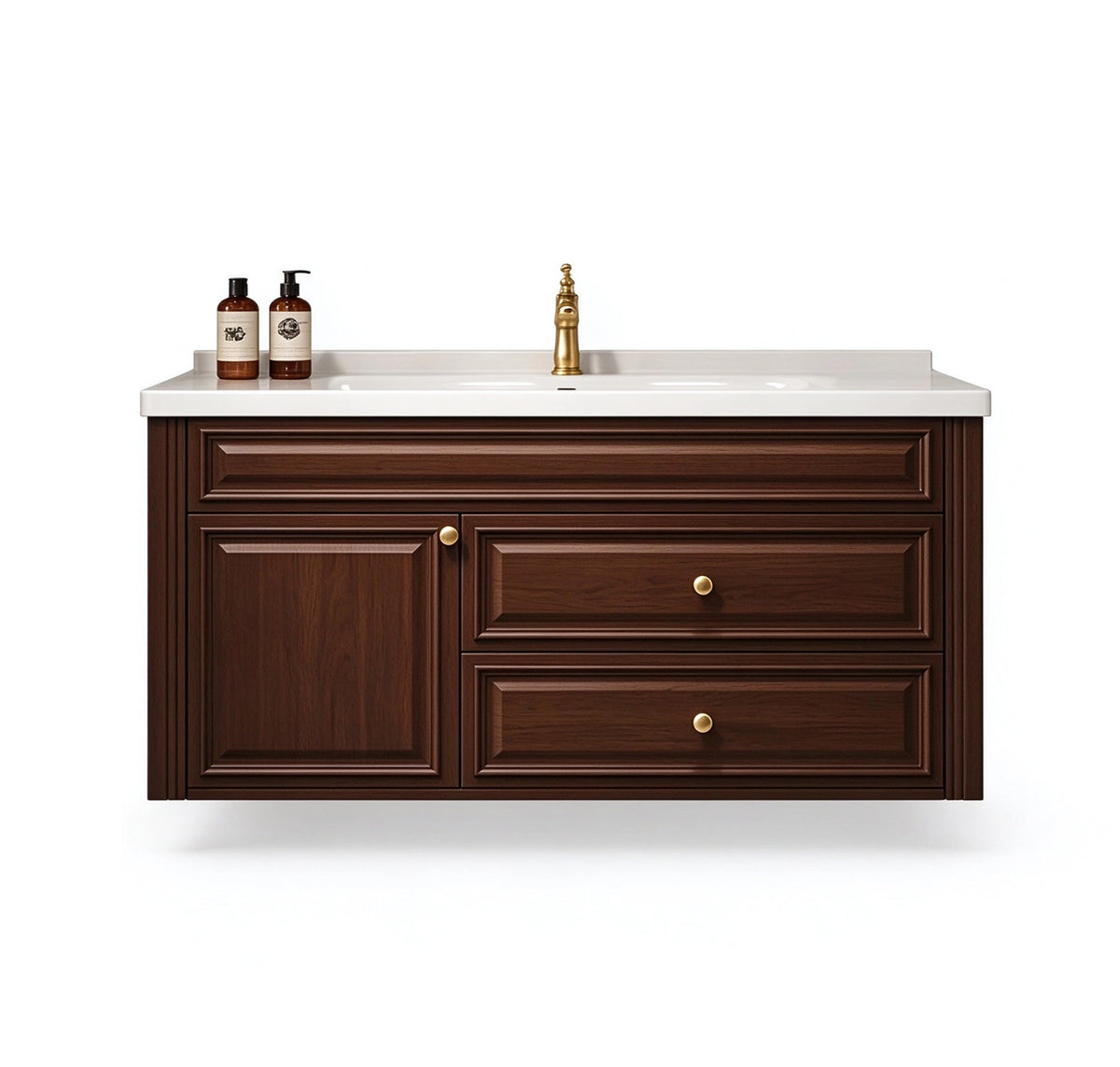 Retro wall‑mount bath vanity, dark brown wood finish, one door two drawers, integrated white countertop