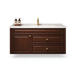 Retro wall‑mount bath vanity, dark brown wood finish, one door two drawers, integrated white countertop