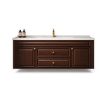 American wall‑mount bathroom vanity, dark wood grain, raised panel doors with round gold knobs