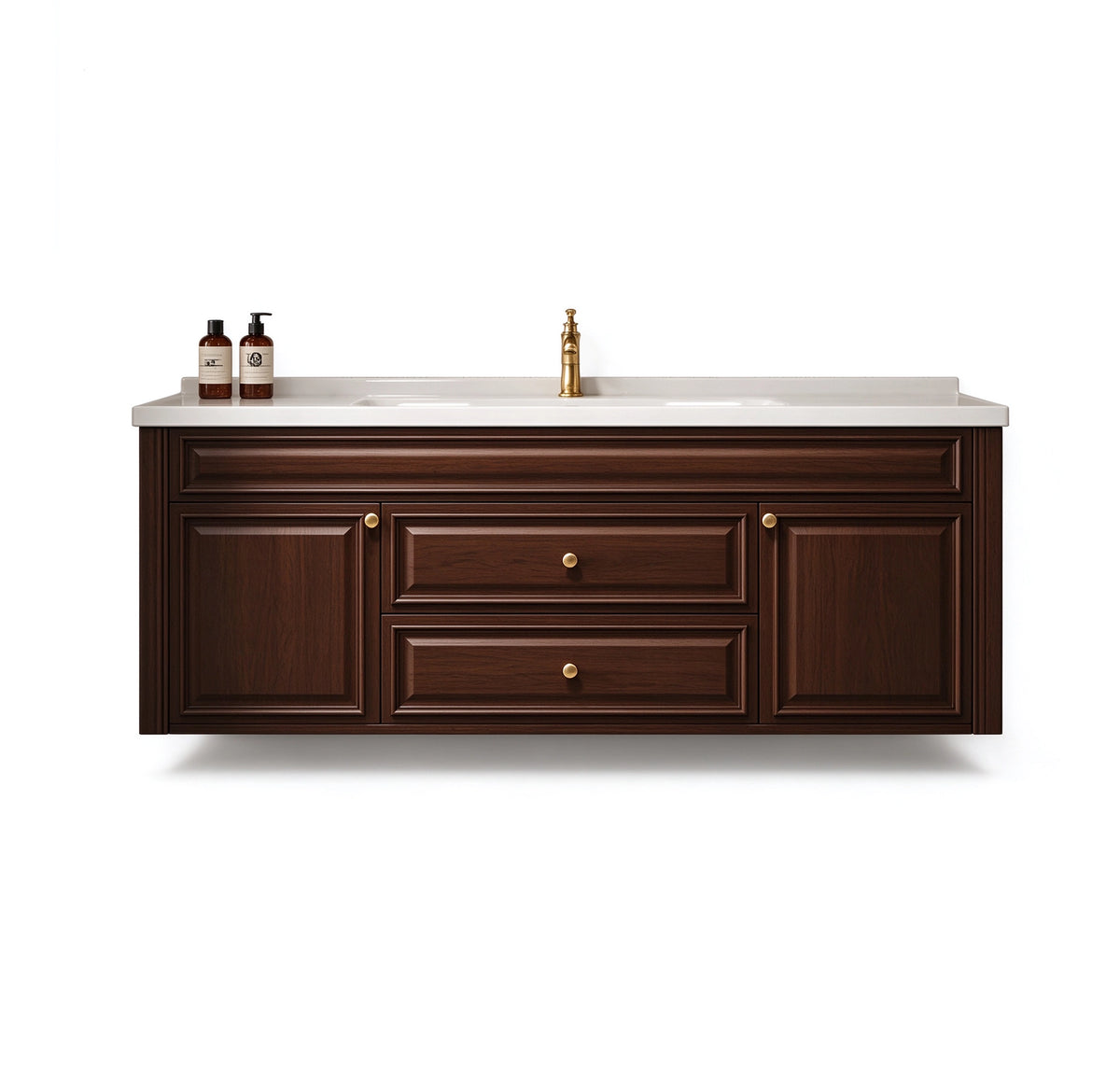 American wall‑mount bathroom vanity, dark wood grain, raised panel doors with round gold knobs
