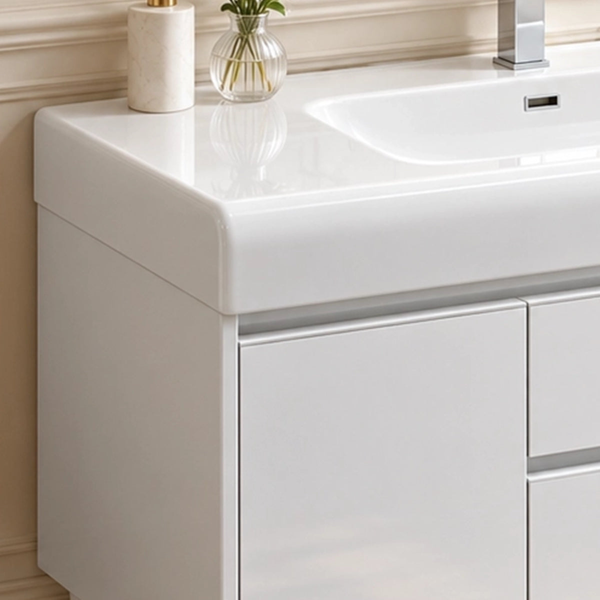 Vanity counter corner close‑up, glossy integrated top with rounded edge