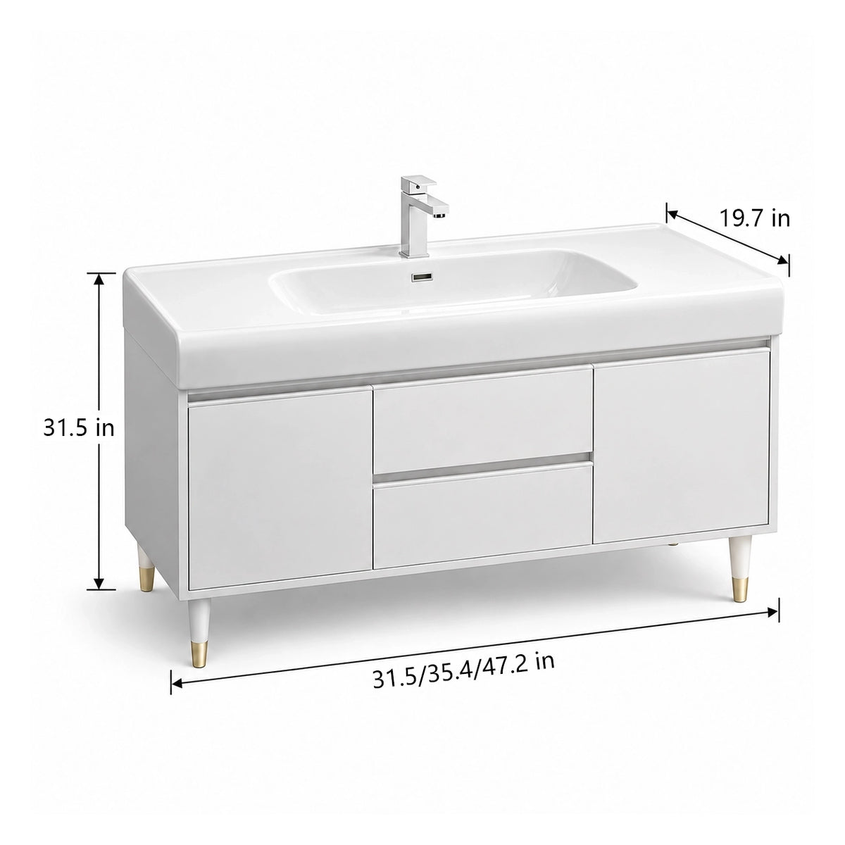 Leg‑supported freestanding bathroom vanity, length 31.5/35.4/47.2in, depth 19.7in, height 31.5in