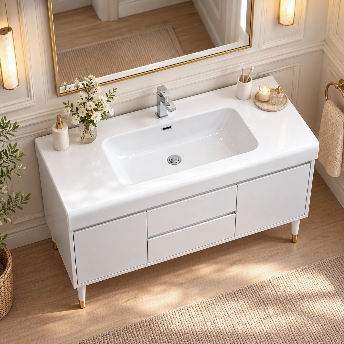 Integrated sink bathroom vanity, residential bathroom space, top‑down view