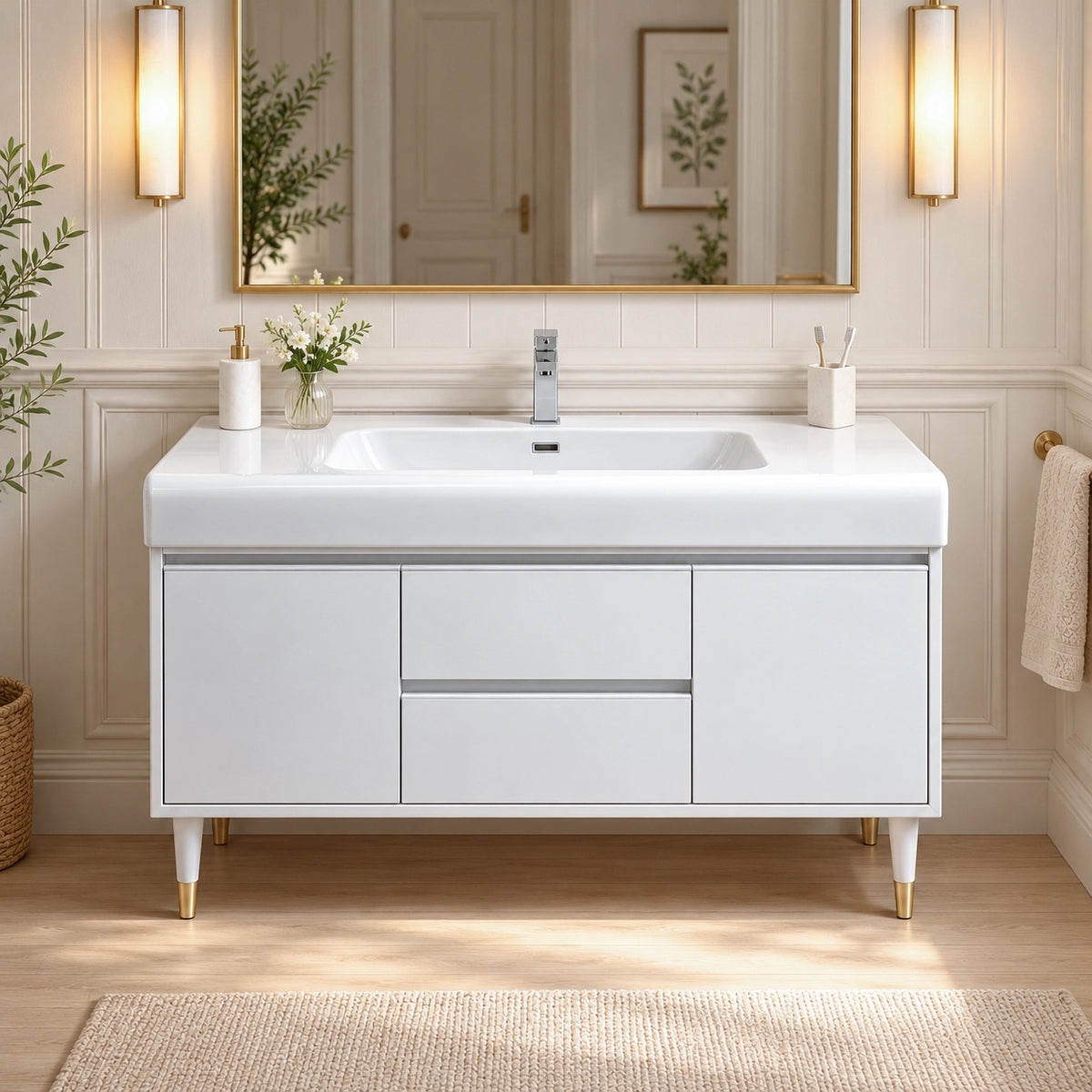 Freestanding white bathroom vanity, complete luxury bathroom space with wood‑panel wall