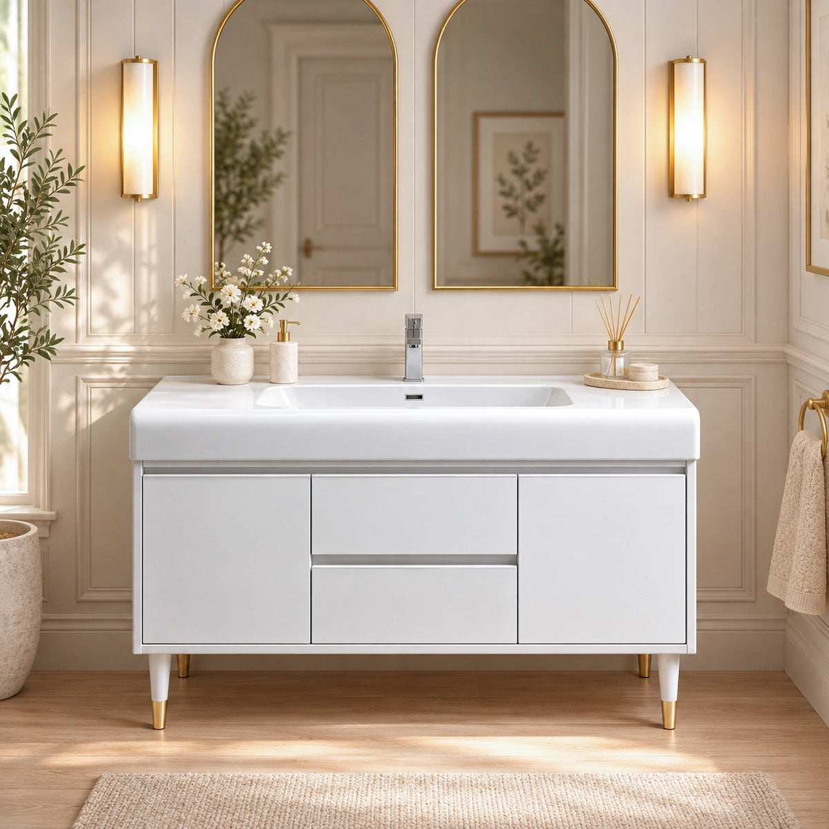 Luxury freestanding bathroom cabinet, bright bathroom scene with double mirrors and wall lamps