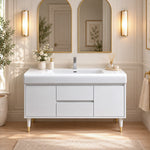 Luxury freestanding bathroom cabinet, bright bathroom scene with double mirrors and wall lamps