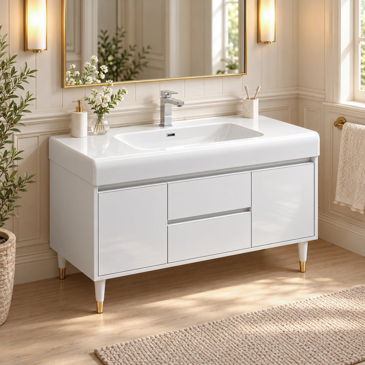 Leg‑supported bathroom vanity, well‑lit bathroom space beside window