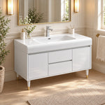 Leg‑supported bathroom vanity, well‑lit bathroom space beside window