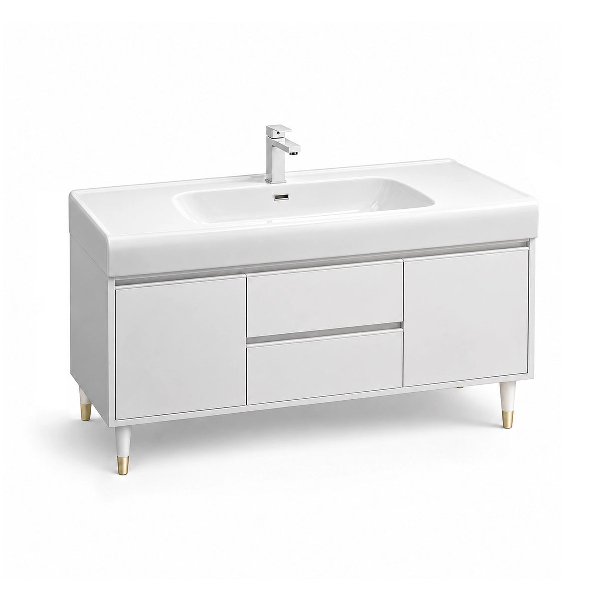 Freestanding bathroom storage vanity, all‑white cabinet, multi‑drawer & door design with gold legs