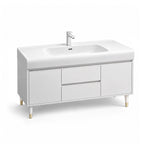 Freestanding bathroom storage vanity, all‑white cabinet, multi‑drawer & door design with gold legs