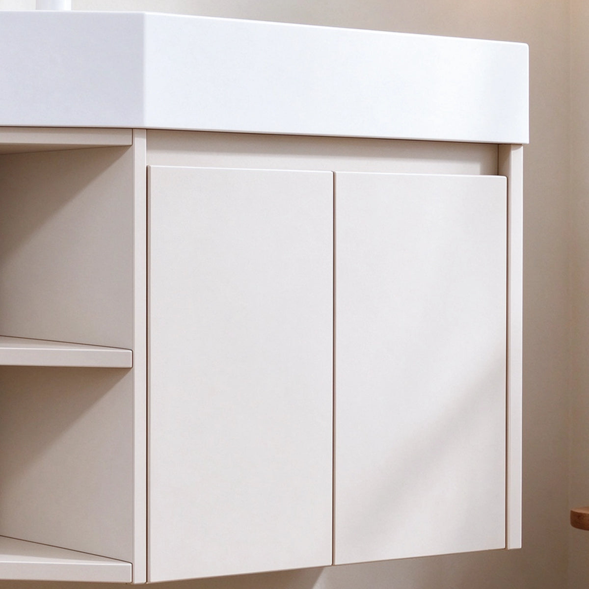 Partial shot of vanity closed cabinet doors, handle‑less flat panel design