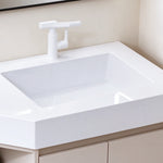 Partial shot of vanity closed cabinet doors, handle‑less flat panel design