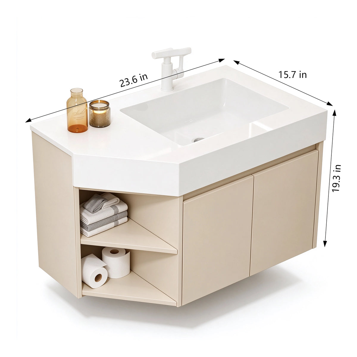 Corner wall‑hung bathroom vanity, 23.6in W,15.7in D,19.3in H