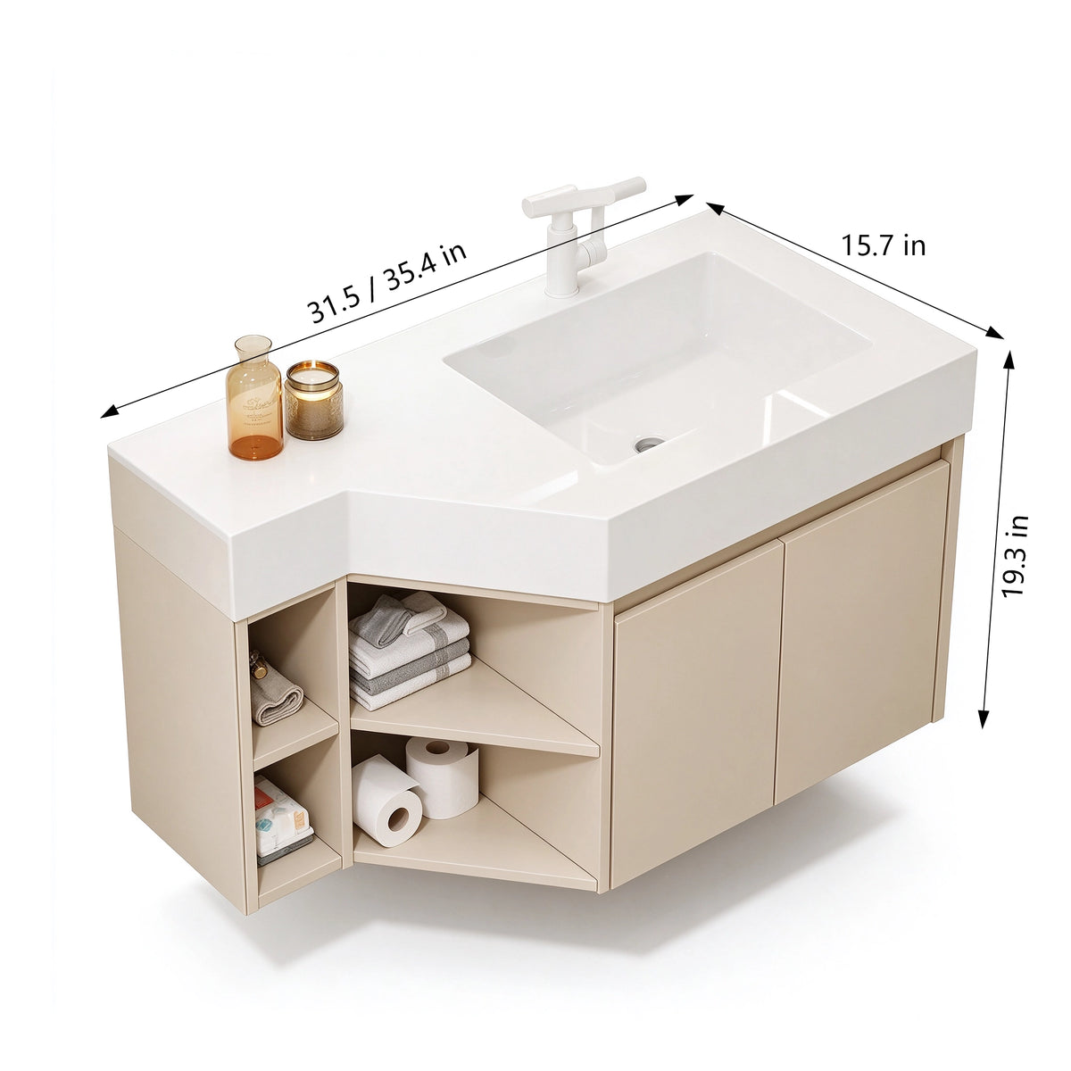Special‑shape vanity with open cubby, 31.5/35.4in W,15.7in D,19.3in H