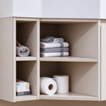 Vanity open cubbies, stores towels, toilet rolls and small bath supplies
