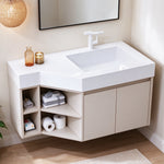 Wall‑mount bathroom vanity with angled open shelf, real‑shot wood‑tone bathroom