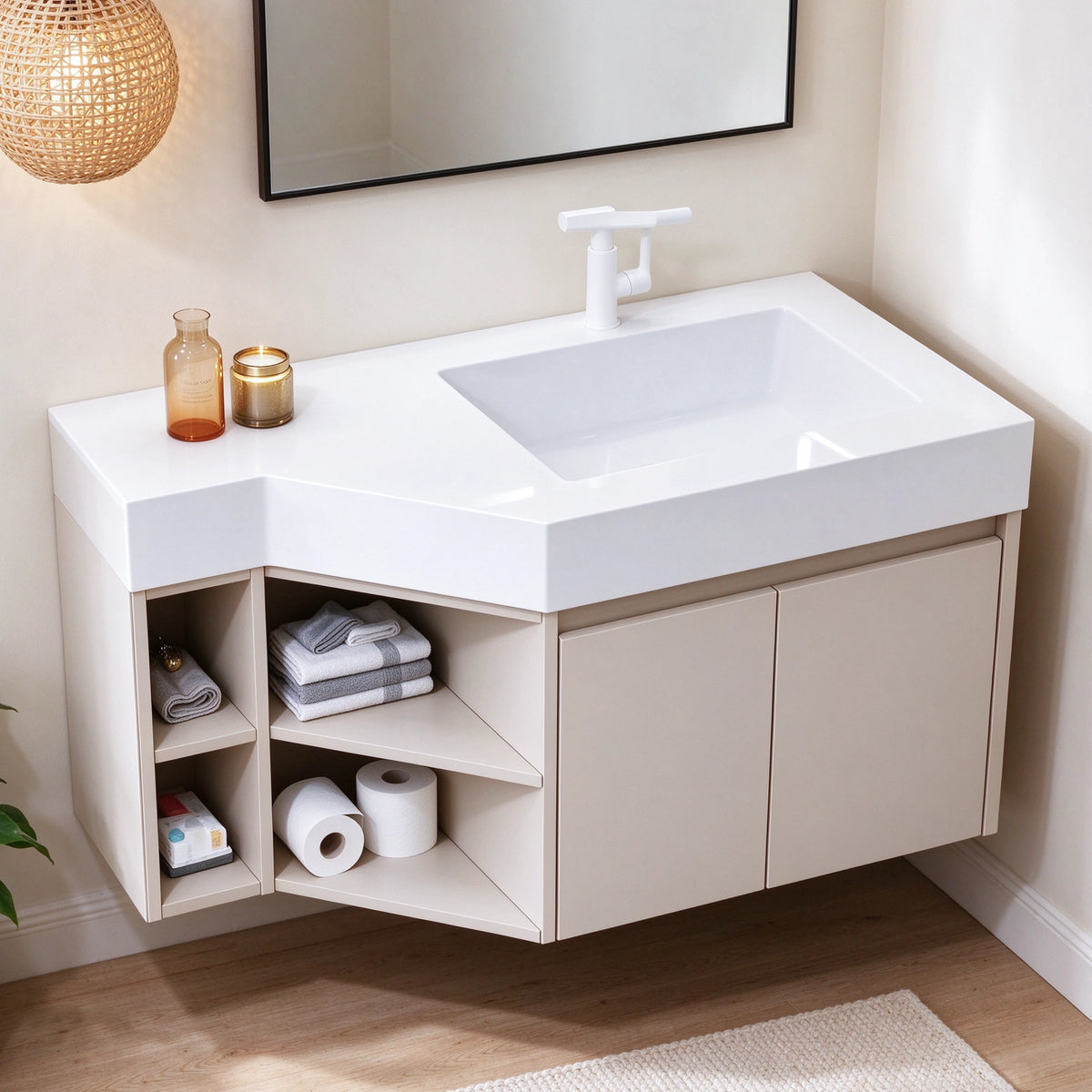 Wall‑mount bathroom vanity with angled open shelf, real‑shot wood‑tone bathroom