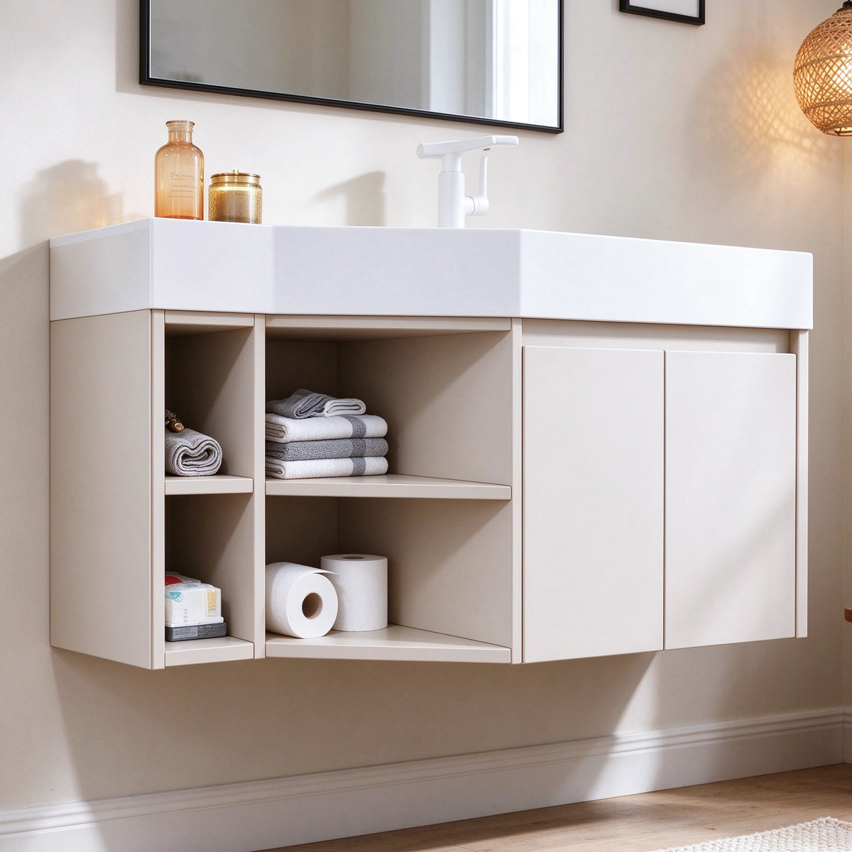 Cream bathroom vanity with open storage, real‑shot minimalist light‑toned bathroom