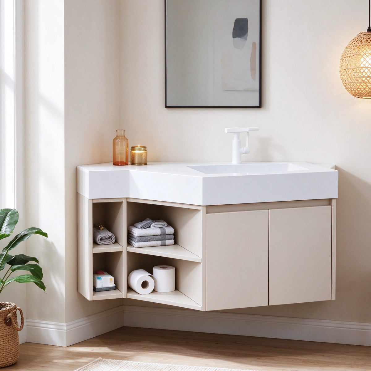 Special‑shaped corner bathroom vanity, real‑shot corner bathroom scene