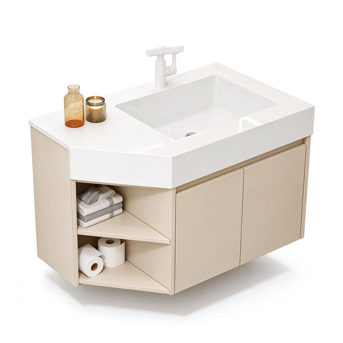 Integrated sink and faucet close‑up, white rotatable faucet with glossy countertop