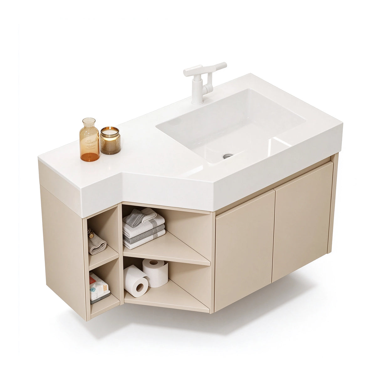 Wall‑mount bathroom vanity, angled corner design, mixed open‑closed storage layout