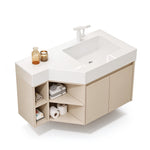 Wall‑mount bathroom vanity, angled corner design, mixed open‑closed storage layout