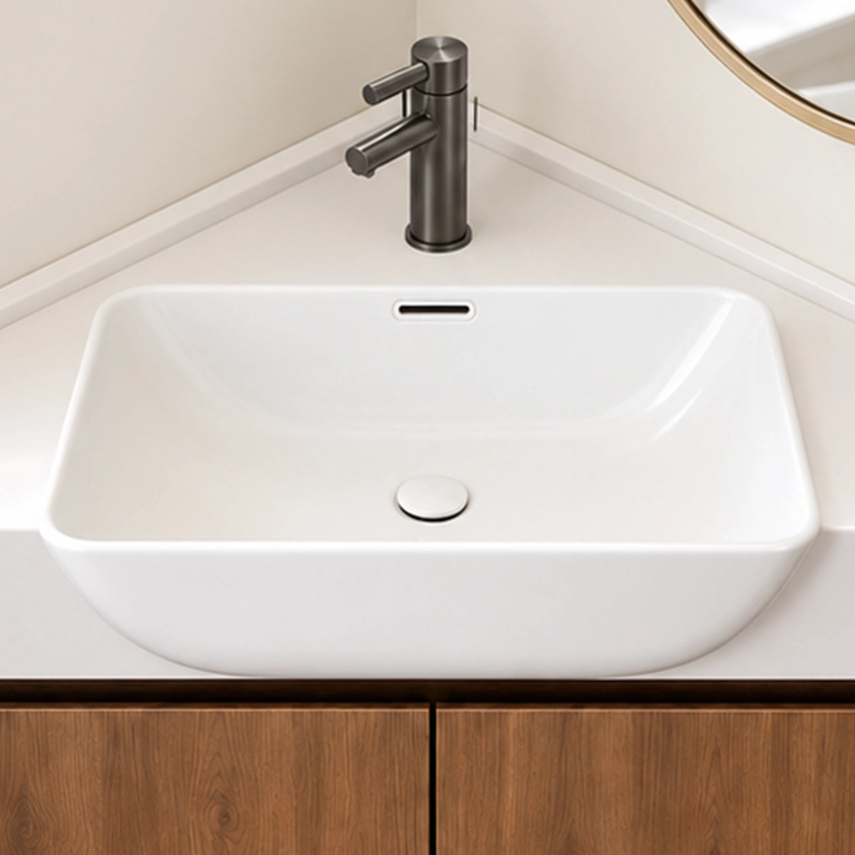 Close‑up of vessel sink & gunmetal faucet, ceramic basin with overflow hole