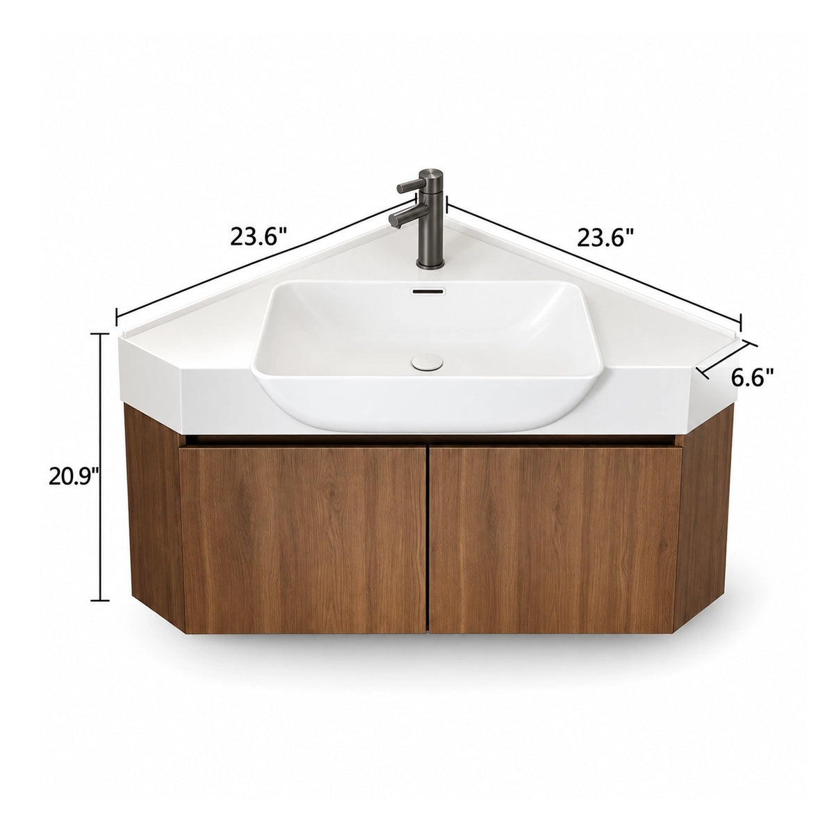 Corner wall‑mount vanity, 23.6in each side, 6.6in depth, 20.9in height